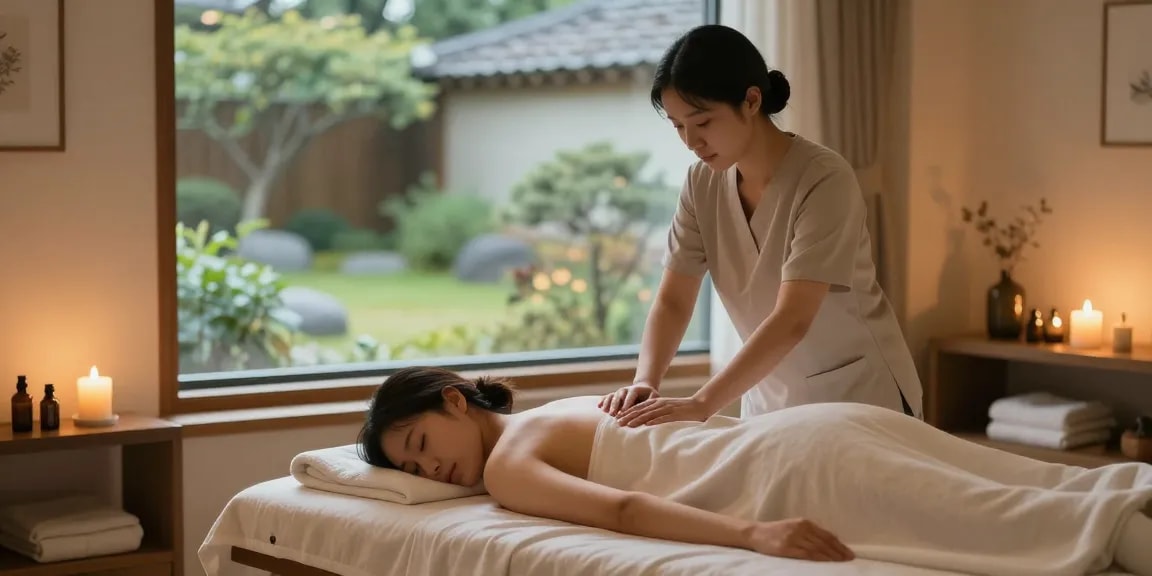 Relaxing 서울출장마사지 therapy session in a serene atmosphere with essential oils and ambient lighting