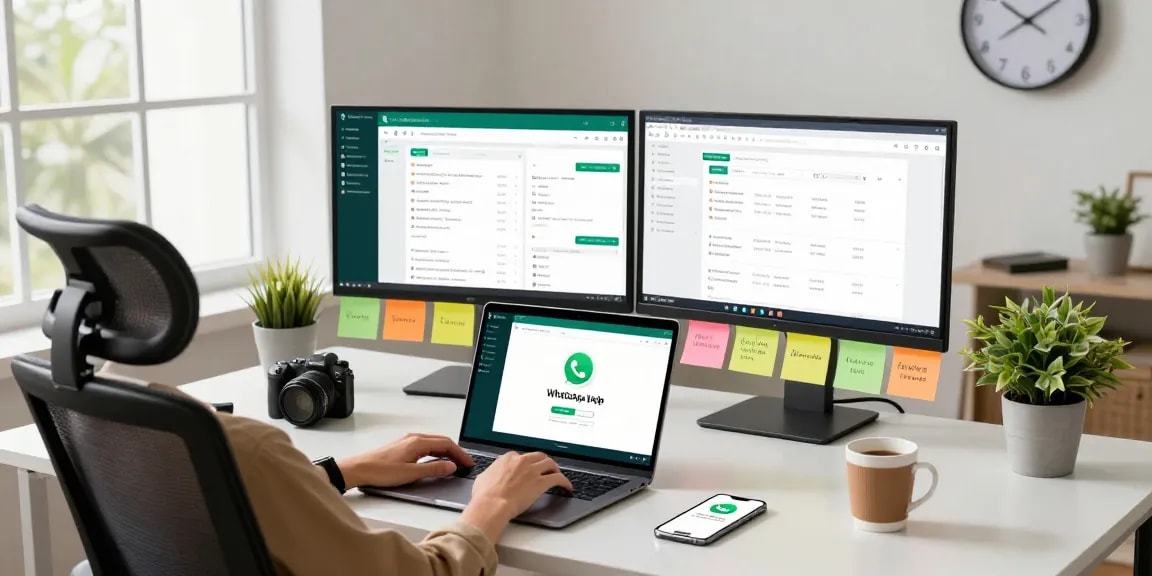 Using WhatsApp網頁版 on a laptop in a modern workspace with productive elements.