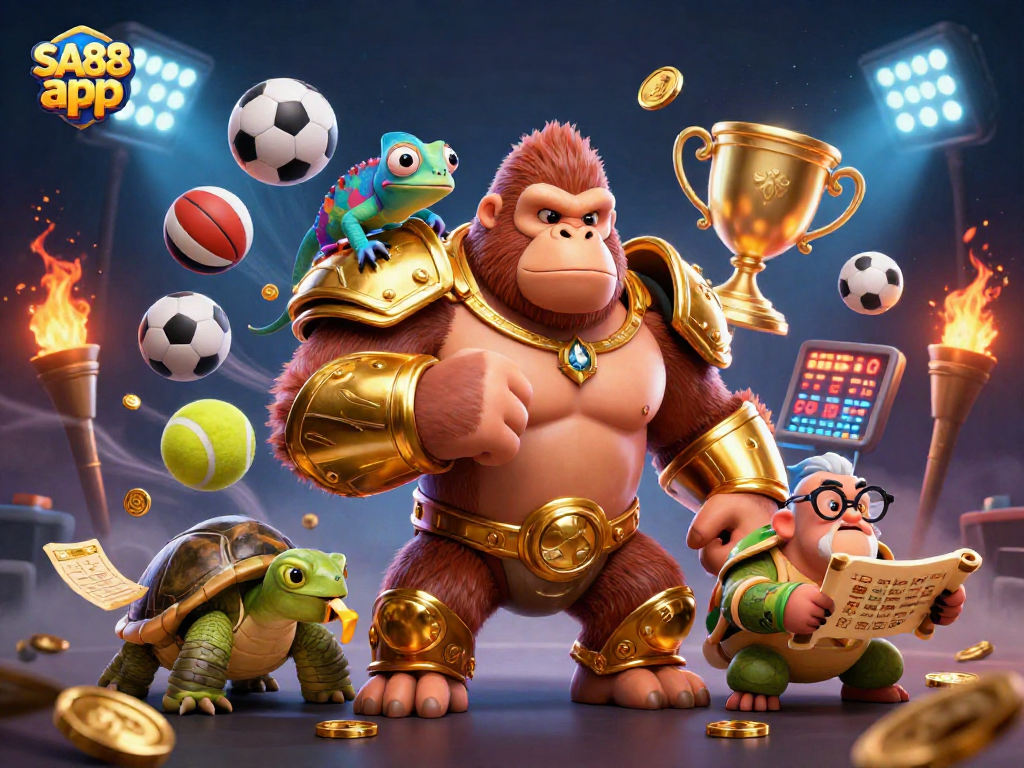 Engage with the SA88 app in a vibrant 3D scene featuring dynamic gambling elements and colorful characters.