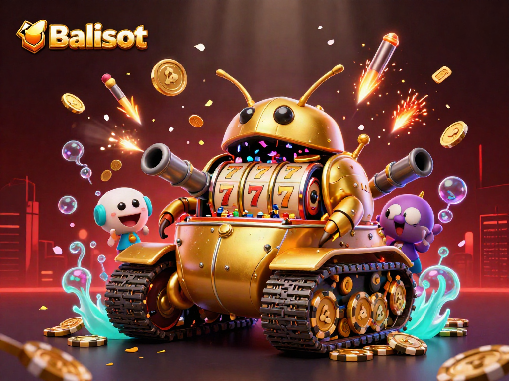 Engage with Balislot's vibrant casino adventure inside a golden beetle tank featuring lucky slots and dynamic casino elements.