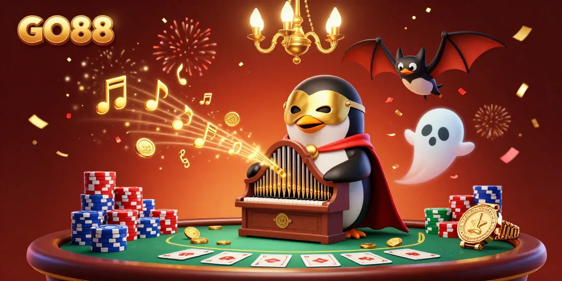 Experience the excitement of GO88 with a cartoon penguin playing an organ amidst vibrant casino elements.