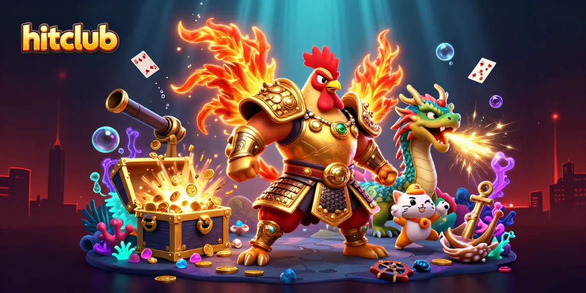 Experience the excitement at hitclub, featuring a fighting rooster warrior and dragon hatchling in an immersive casino scene.