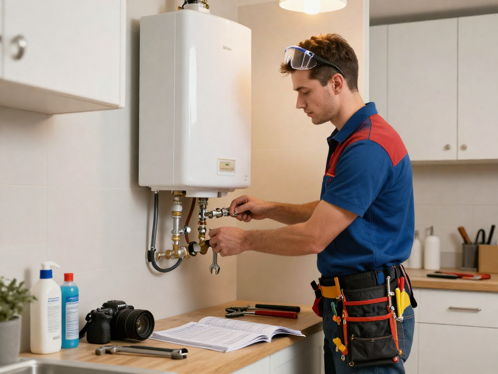 Expert plumber conducting water heater repair Fort Worth in a well-lit utility room, showcasing tools and equipment.