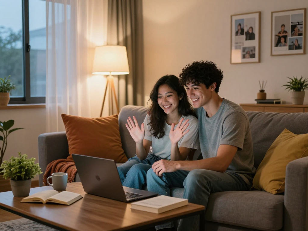 Couple enjoying a sexchat session in a cozy living room, showcasing intimacy and connection.