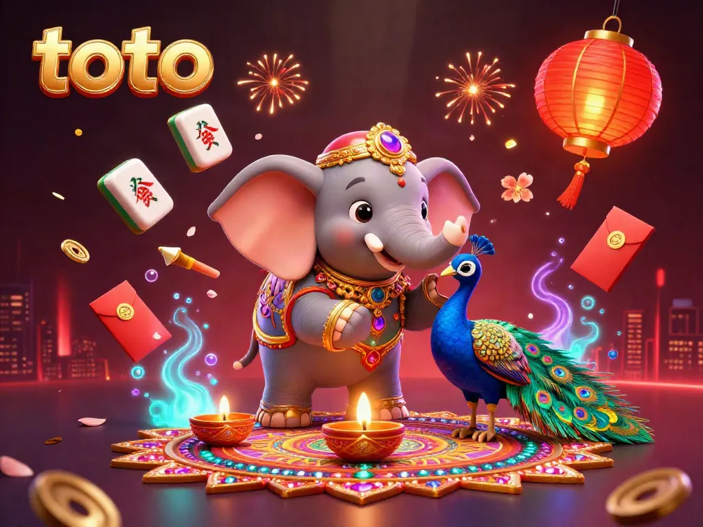 Toto-themed online casino scene featuring vibrant elephants, peacocks, and festive lighting.