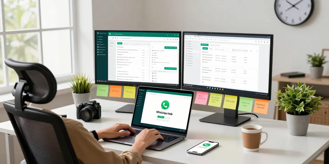 Using WhatsApp網頁版 on a laptop in a modern workspace with productive elements.