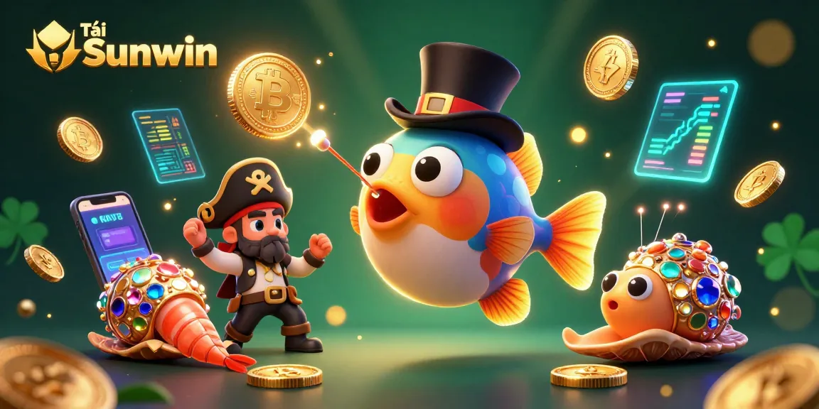 Engage with Tải Sunwin by navigating a vibrant digital sea with treasure-catching characters and glowing crypto coins.