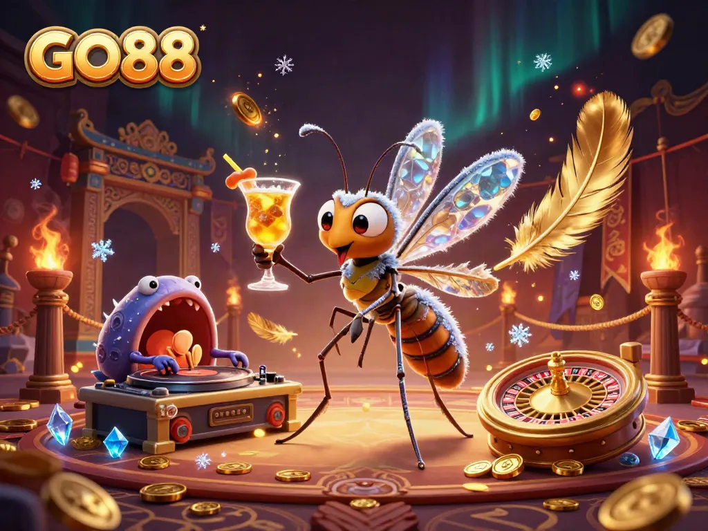 Engage with GO88's vibrant casino world featuring a golden roulette wheel, a playful mosquito mascot, and dynamic DJ elements.