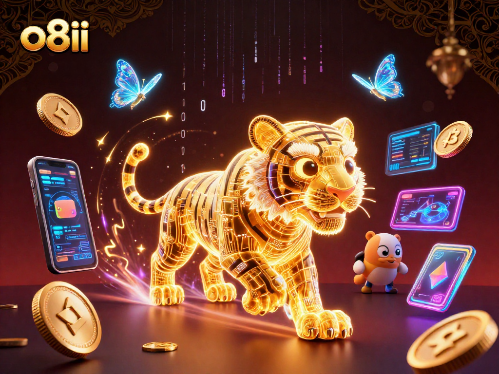 Experience the dynamic gaming world of o8ii, featuring a neon light tiger in a rich casino scene with cryptocurrencies and lively visuals.