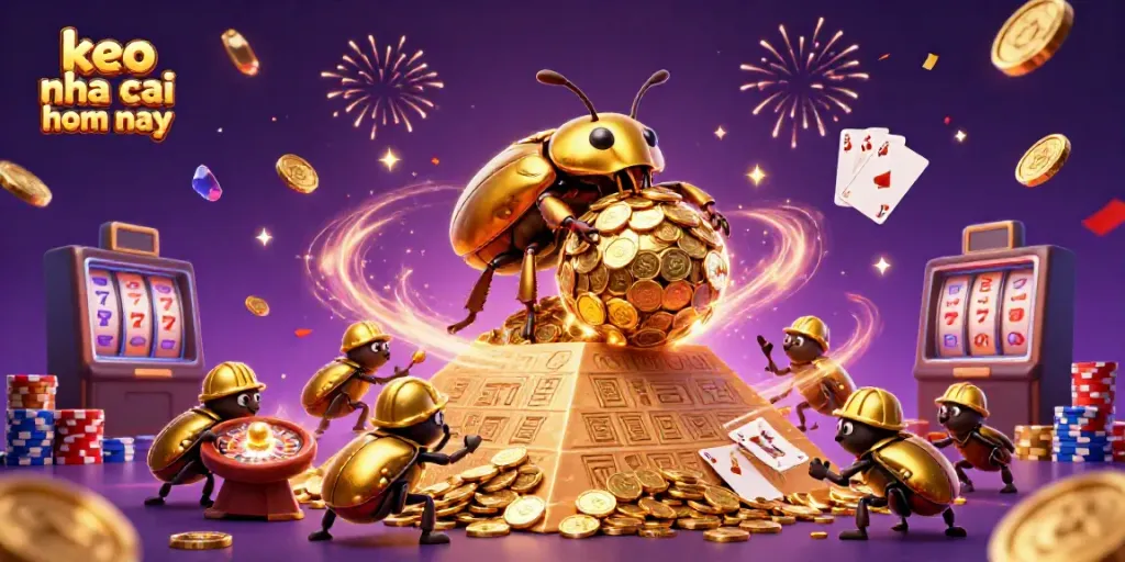 Engaging scene illustrating keo nha cai hom nay with golden dung beetles and casino symbols.