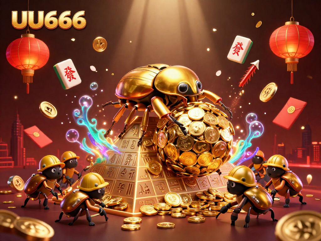 Experience the excitement of UU666 with a golden beetle rolling riches and vibrant casino elements.