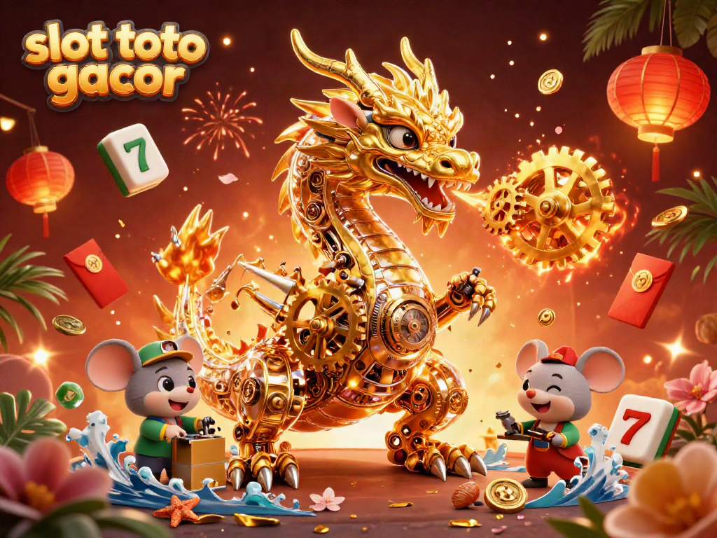 Engage with slot toto gacor in this vibrant 3D illustration featuring a golden dragon, slot reels, and festive elements.