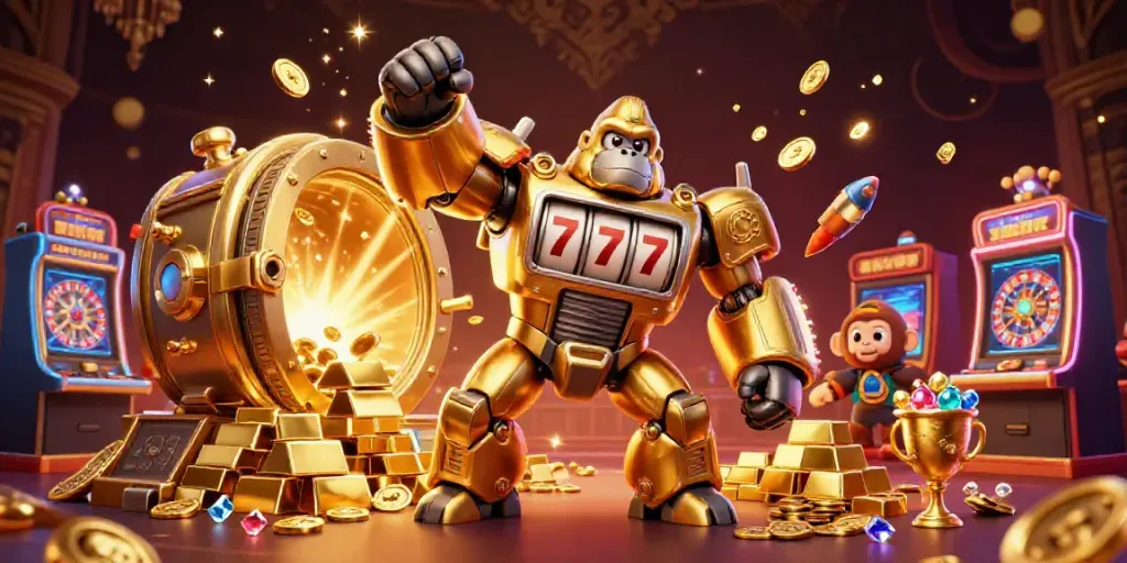 Experience the thrill of rik vip as golden gorilla mech emerges triumphantly in a vibrant casino scene.