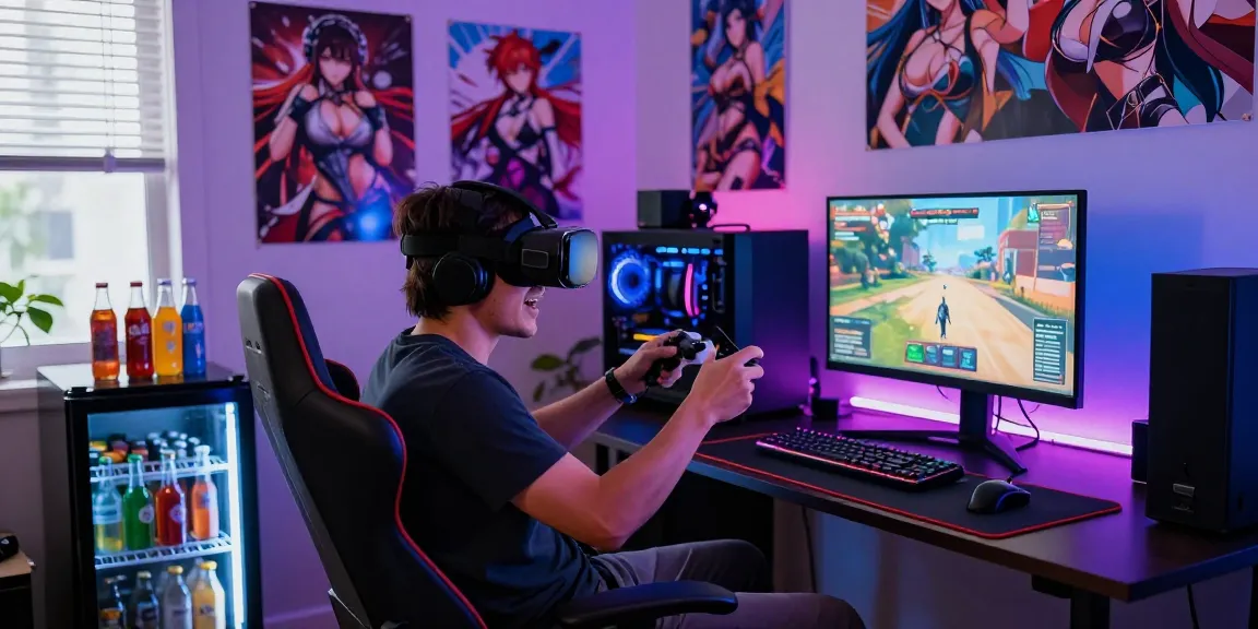 Exciting gaming setup featuring immersive hentai games experience with a VR headset and vibrant LED lighting.