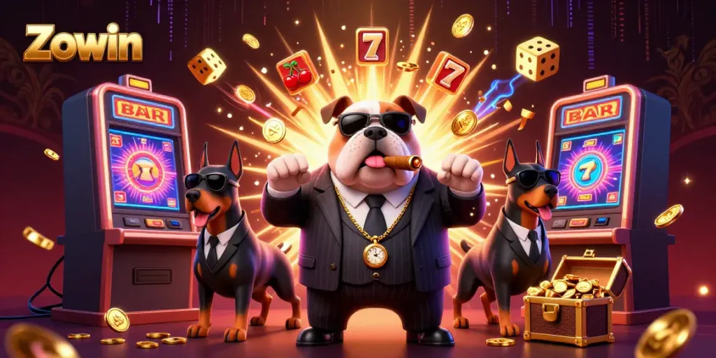 Zowin offers a vibrant casino experience with a bulldog mafia character and thrilling slot machine features.