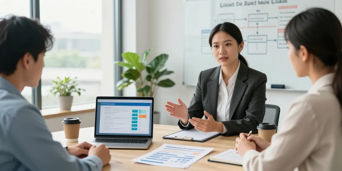 Engaging loan officer assisting a client with a quick 2500 loan in a modern office setting.