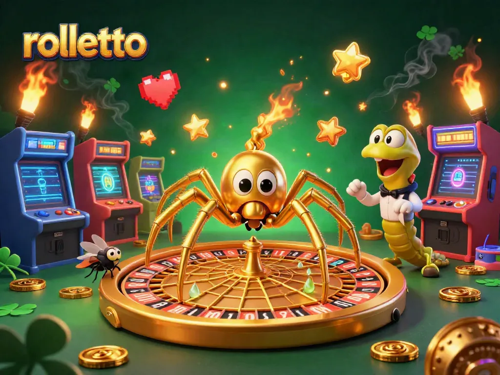 Experience rolletto excitement with a 3D illustration of a golden spider and a betting fly in a vibrant casino scene.
