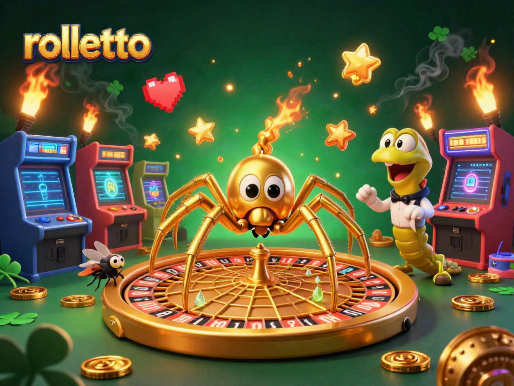 Experience rolletto excitement with a 3D illustration of a golden spider and a betting fly in a vibrant casino scene.