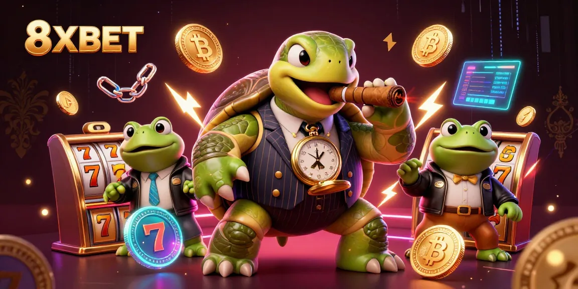Experience exciting gaming with 8XBET's vibrant casino scene featuring engaging slot reels and charismatic characters.