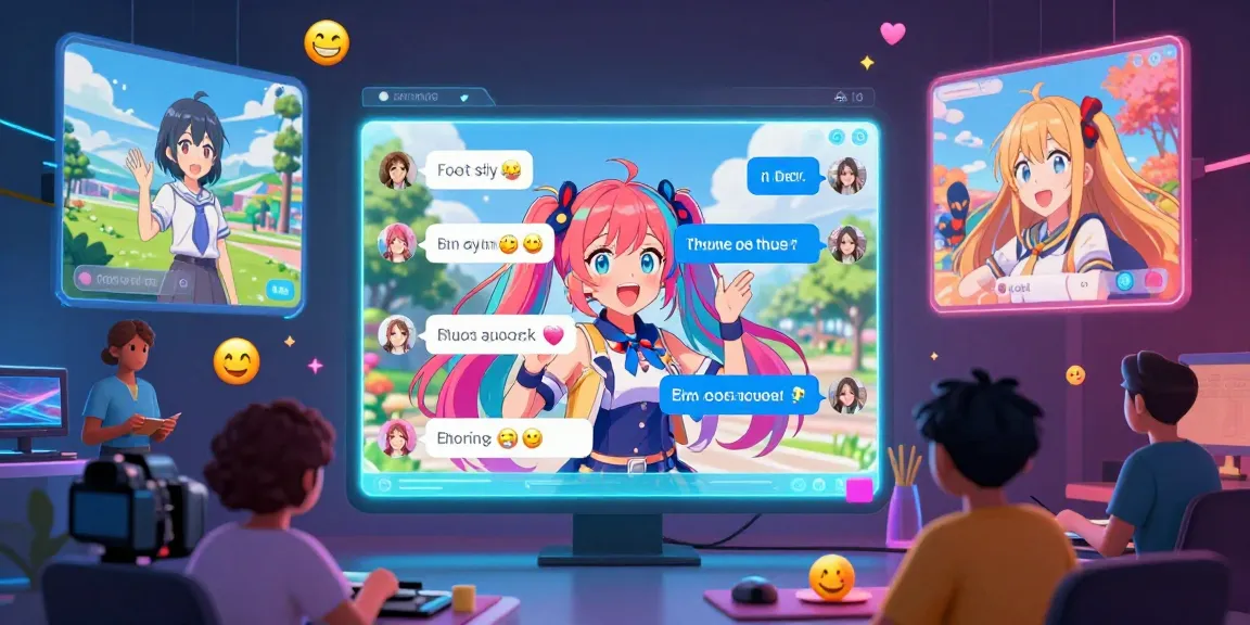 Engaging ecchi chat scene with anime characters showcasing dynamic conversations in a colorful digital environment.
