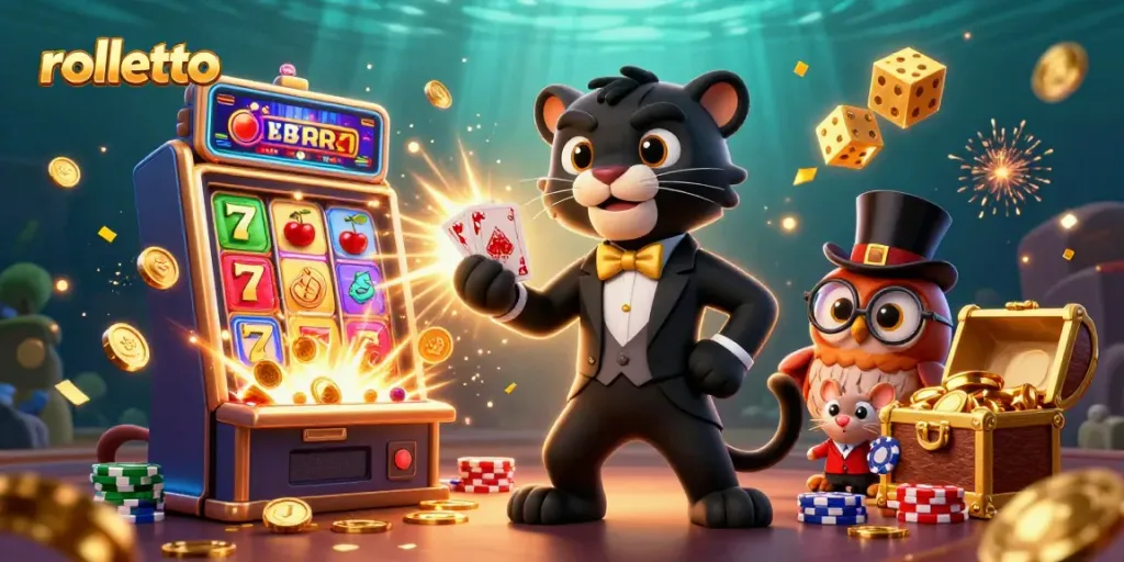 Experience rolletto excitement as a stylish panther deals cards with a jackpot explosion in a vibrant casino.