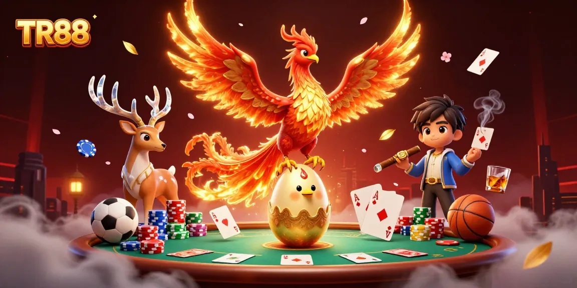 Experience TR88's vibrant gaming world with phoenixes and sports betting elements in a rich 3D scene.