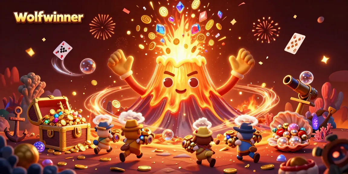 Join the excitement with wolfwinner's treasure eruption, featuring golden volcanoes and playful animals collecting gems.