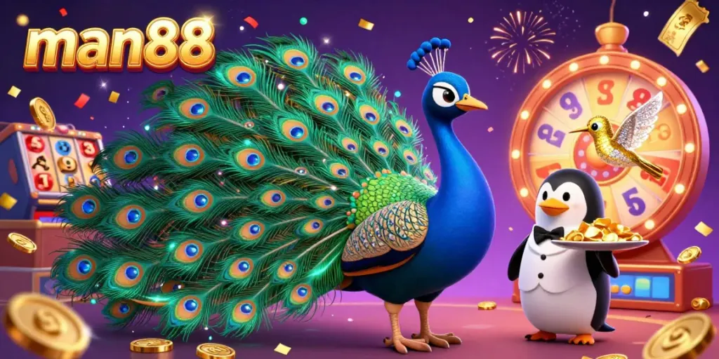 Experience the excitement of man88 with vibrant slot reels, dynamic casino elements, and colorful confetti.