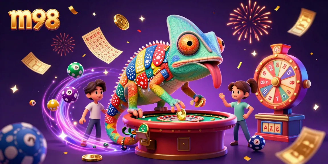 Engage with m98's casino excitement through a vibrant 3D chameleon capturing golden coins.