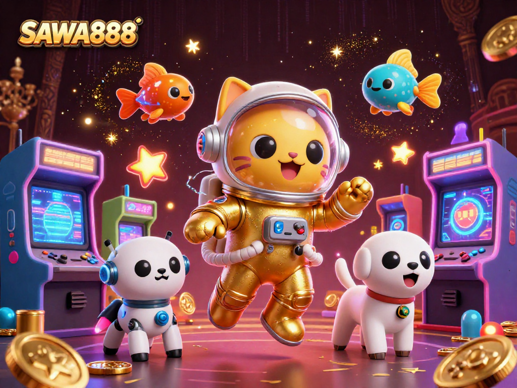 SAWA888 features a vibrant 3D scene with a space astronaut cat, robot dog, and alien fish among glowing arcade games, immersing players in an engaging universe.