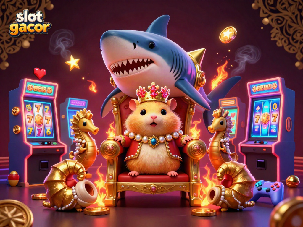 Experience the thrill of slot gacor with a vibrant 3D illustration featuring gaming elements and a golden hamster king.