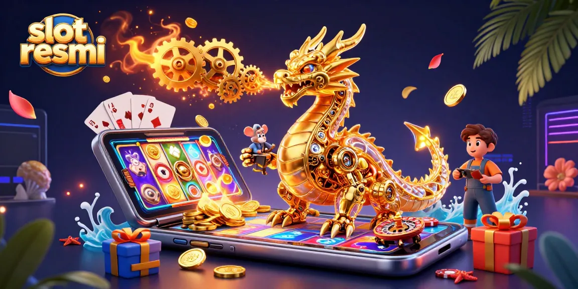 Engage with slot resmi gaming as the golden dragon breathes gears, surrounded by dynamic casino elements.