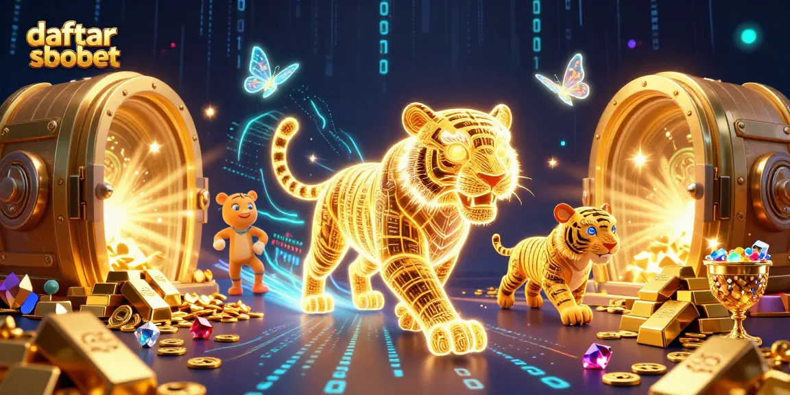 Engage in daftar sbobet with a neon wireframe tiger amidst a dazzling casino landscape filled with treasures.