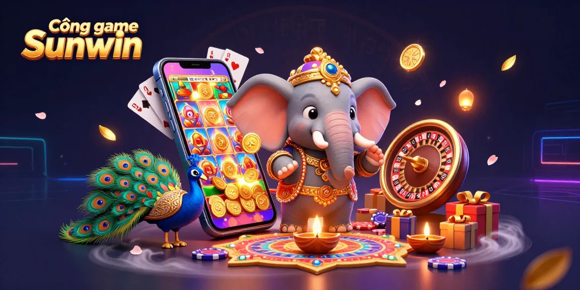 Cổng game Sunwin showcases vibrant 3D casino art featuring an ornate elephant, peacock, and gaming elements.