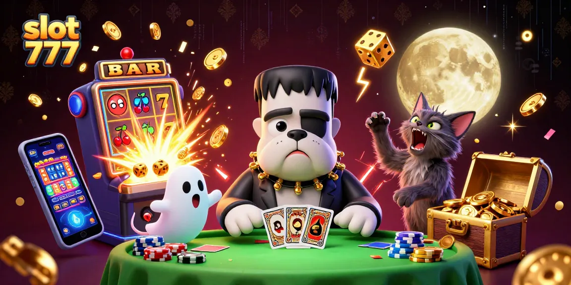 Menangkan slot 777 dengan karakter unik dan simbol jackpot di meja kasino yang megah.