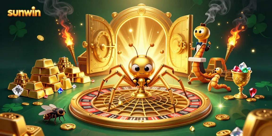 Experience sunwin's vibrant gaming world with a roulette-themed golden spider web illustration.